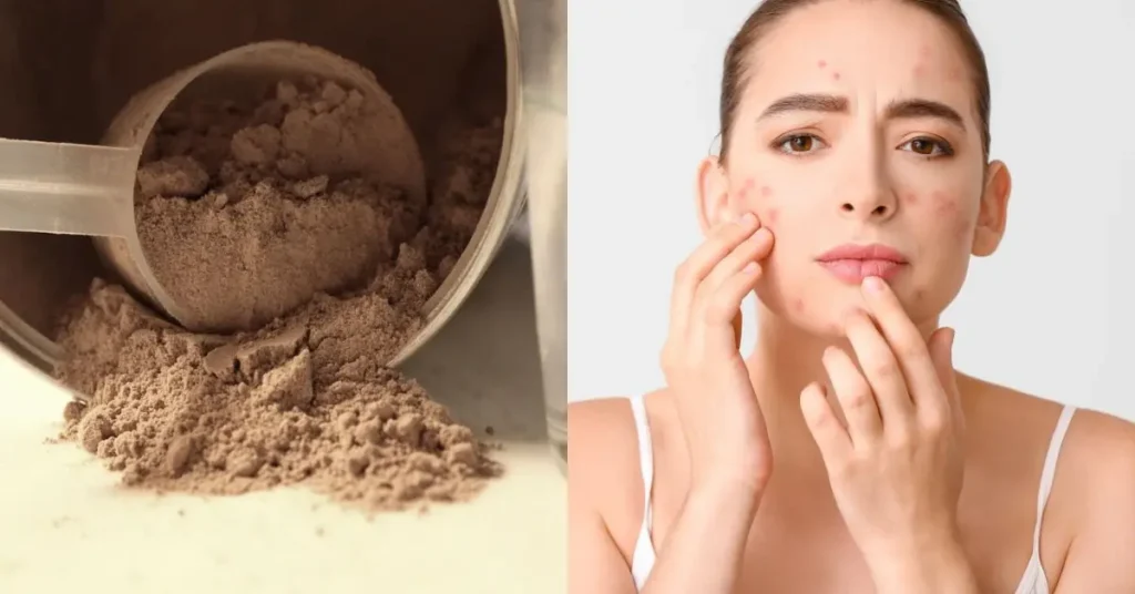 whey protein powder and a women checking acne on her face